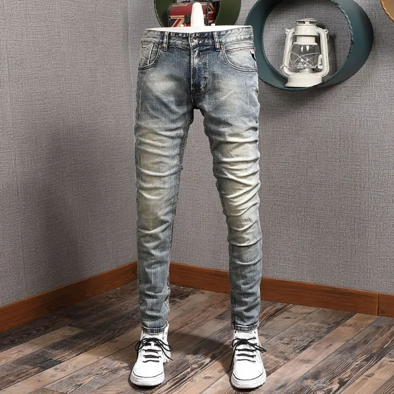 

Fashion Designer Men Jeans High Quality Retro Washed Blue Stretch Slim Fit Ripped Jeans Men Italian Style Vintage Denim Pants