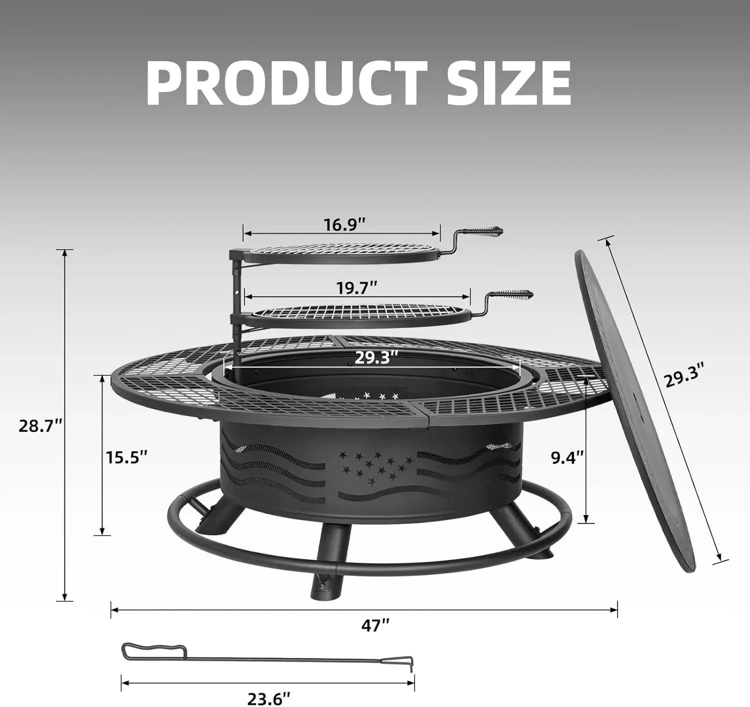 47 Inch Fire Pit with 2 Cooking Grates, Outdoor Wood Burning BBQ Grill Firepit Bowl with Cover Lid, Steel Round Table for Backya
