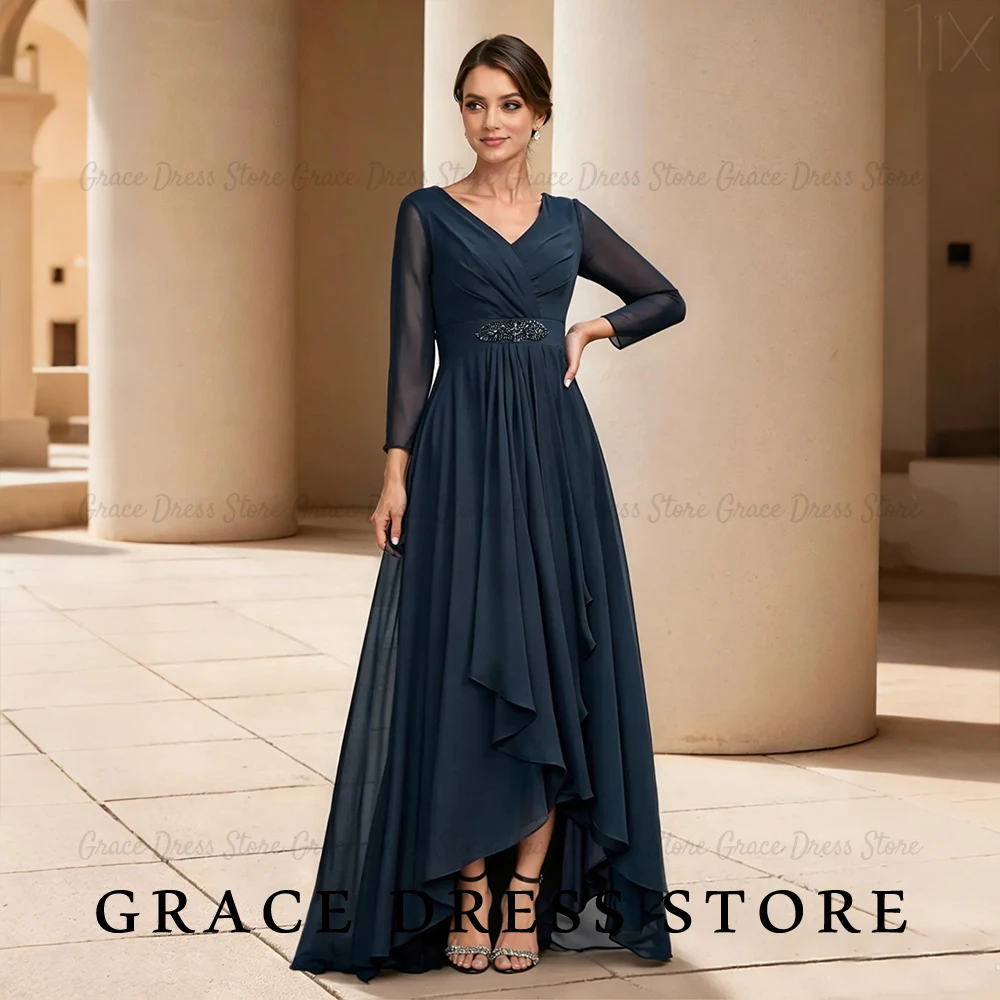 Grace Women's Wedding Party Attire Simple V-Neck Chiffon vestidos de festa Long Sleeve A-Line High Low Guest Dresses Customized