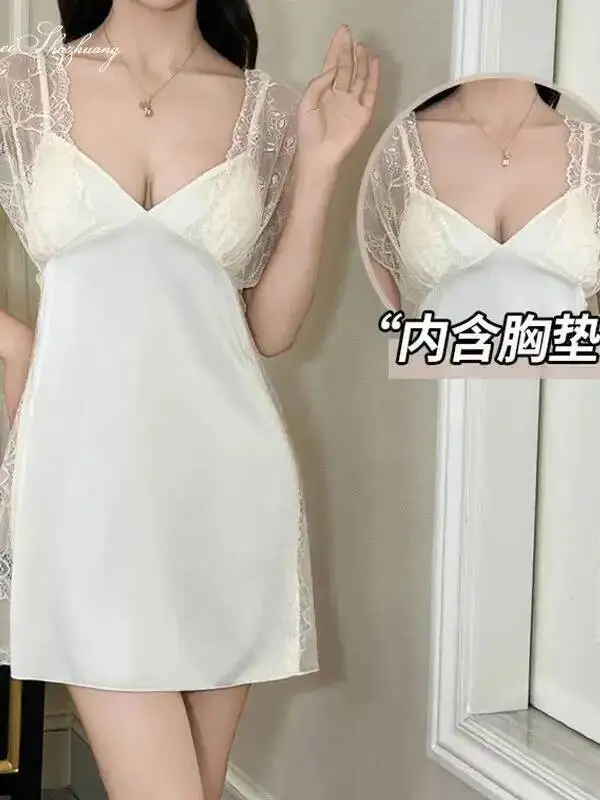 여성 여름 레이스 쉬폰 새틴 실키 드레스 섹시한 가슴 패드 포함 딥 V 스트랩 백리스 딥 V 민소매 드레스 매력적인 05JF