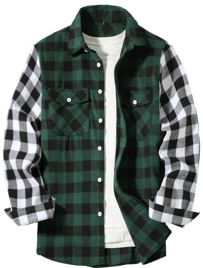 Men\'s fashion young casual long-sleeved shirt plaid patchwork woolen shirt coat autumn