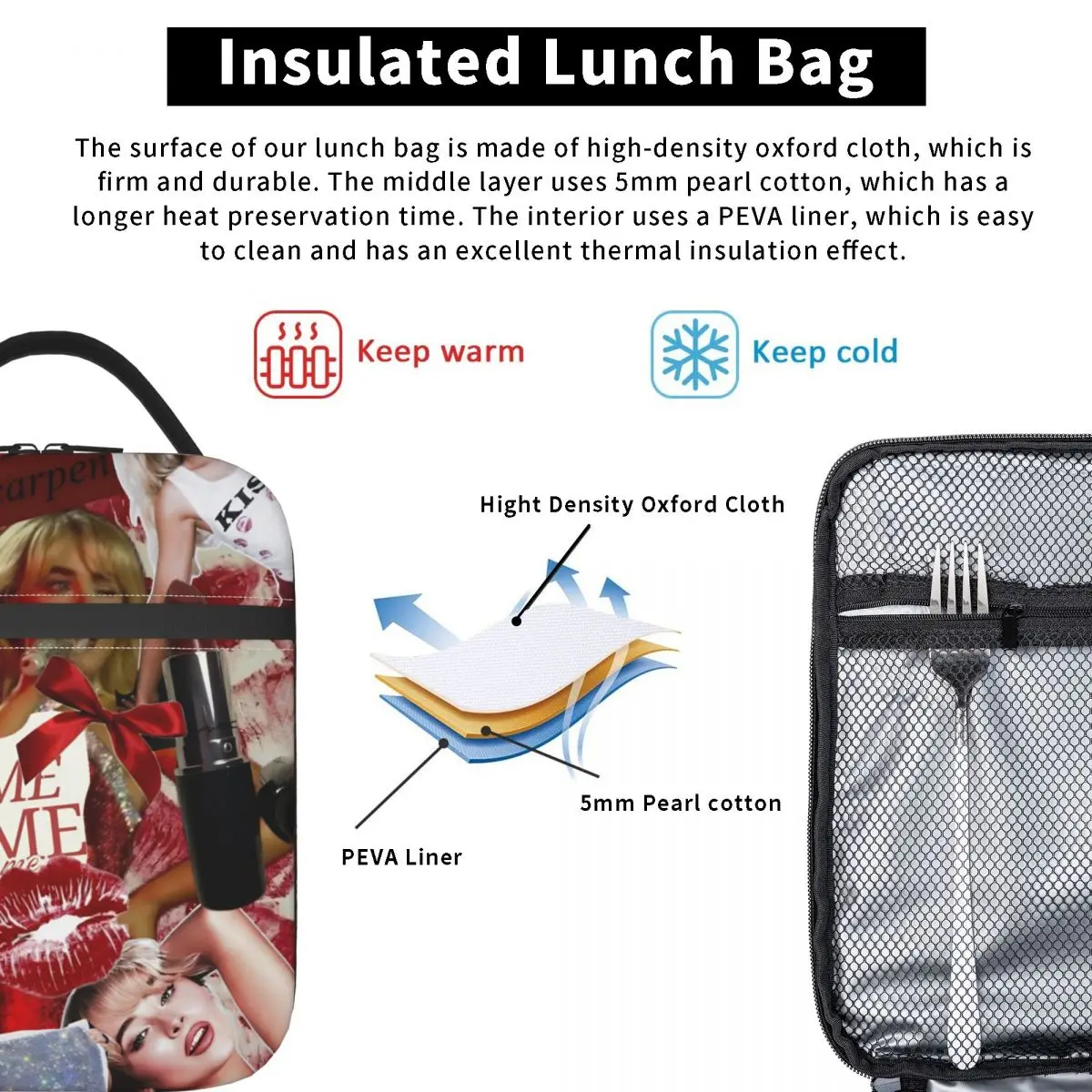 حقيبة غداء معزولة حراريًا من سابرينا كاربنتر للسفر، حقيبة طعام محمولة، صندوق طعام حراري مبرد #5