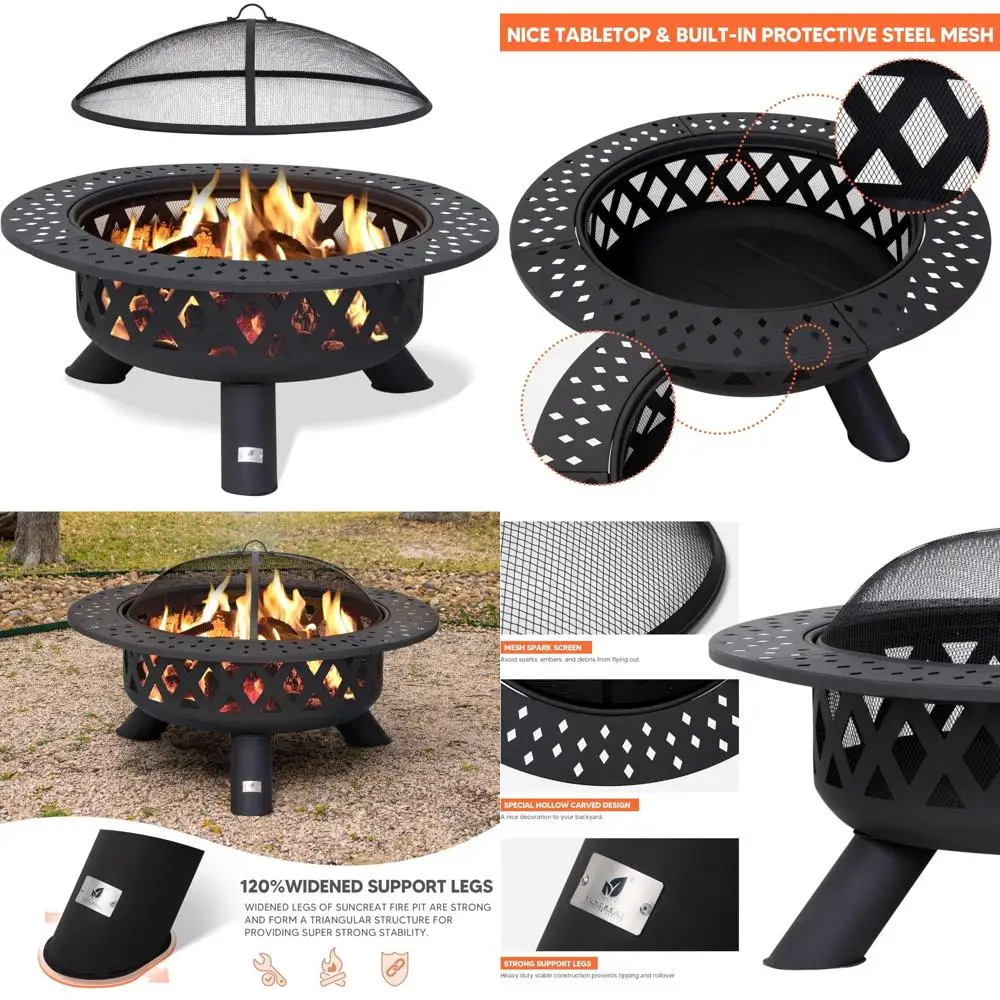 

Большая круглая дровяная костра для выжигания на открытом воздухе с более широкой столешницей, искровым экраном и огненным покером, узором фромб