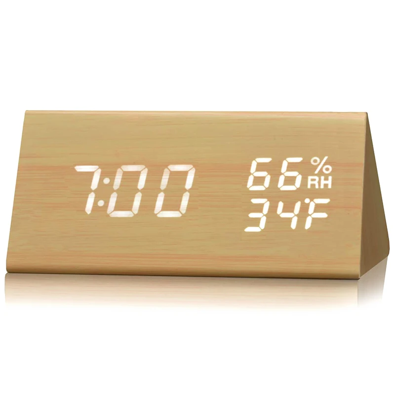 Reloj despertador Digital con pantalla LED electrónica de madera, 3 configuraciones de alarma, detección de humedad y temperatura