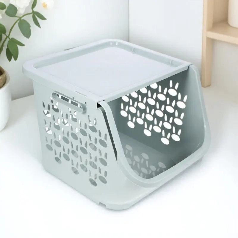 

Black Plastic Kitchen Storage Basket Stackable Reusable Large Capacity Vegetable Fruit Snacks Organizer for Countertop