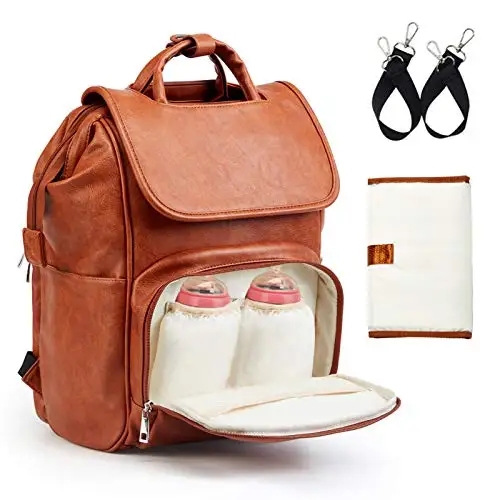 PU Leather Diaper Bag Backpack Unisex Baby Travel Bag with Changing Mat Large Capacity Travel Diaper Backpack for Mom