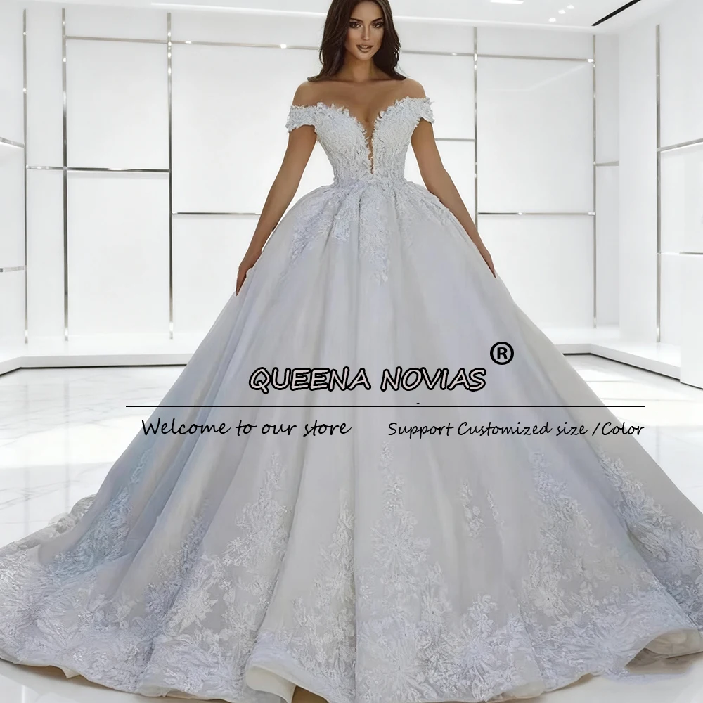 

Sparkly Beaded Appliques Bridal Dresses Customized Off Shoulder V Neck Wedding Gowns Sweep Train Bride Formal Party Clothing