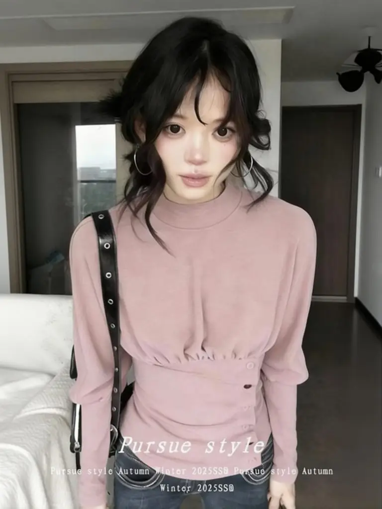 Pink Vintage Elegant Turtleneck T-shirt Women Button Waist-cinching Layering Basic Tees Autumn Spring Outwear Tops