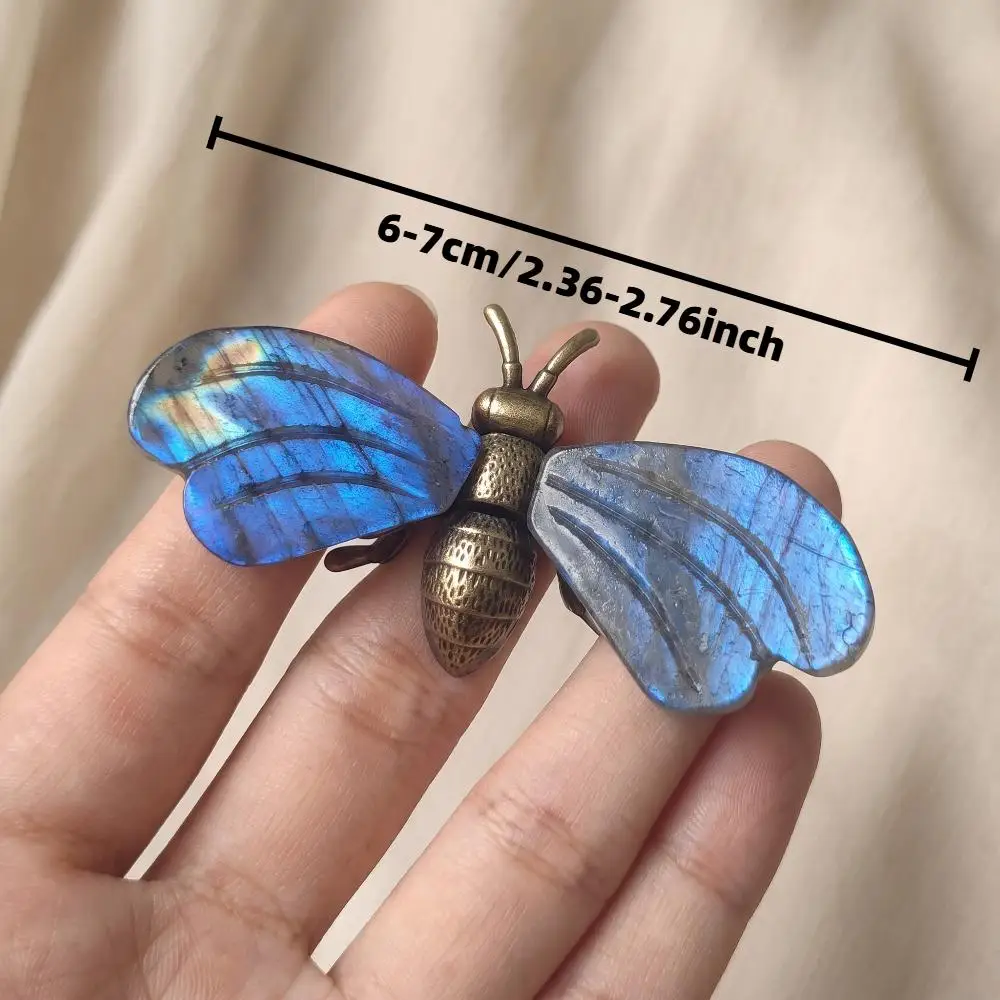 Natural Labradorite Wing Bee Statue Vintage Metal Insect Sculpture Halloween Desktop Decoration Hand Carved Crystal Stone Craft