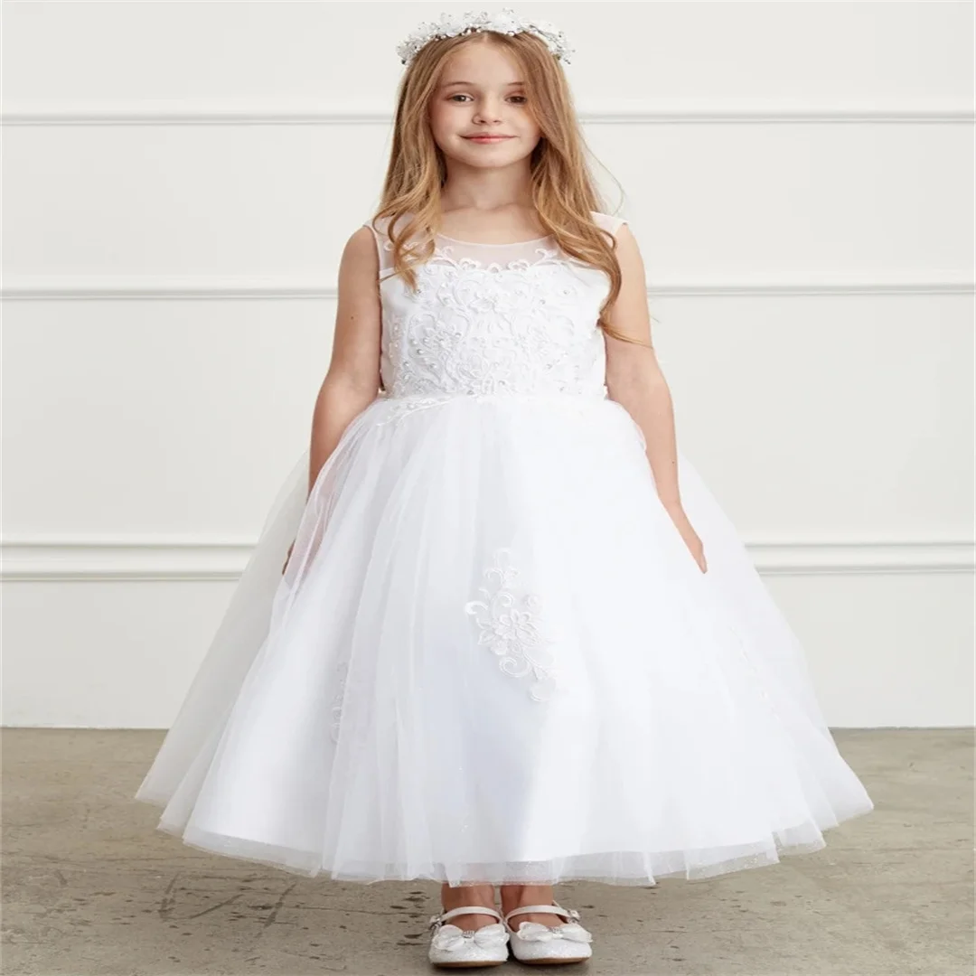 Customized Sky Blue Flower Girl Dress Tulle Floral Appliques Sleeve For Wedding Birthday Evening Prom Banquet Princess Gown