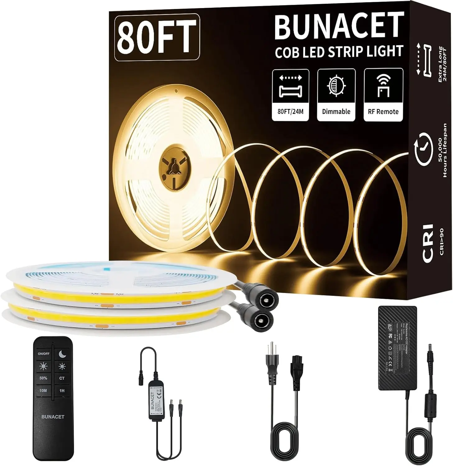 80Ft/24M Cob Led Strip Light (2 Rolls Of 40Ft) Warm White Dimmable 3000K High Lumen Cri 90+ With 24V6A Power Adapter Rf Remote