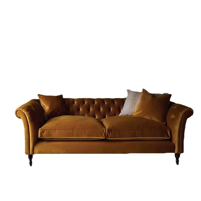 French retro fabric double sofa American light luxury small apartment living room sofa medieval buckle straight-row sofa