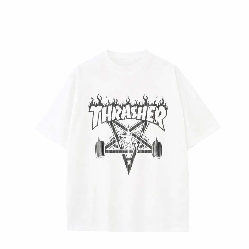 Camiseta Thrasher Flame de manga corta para hombre, ropa deportiva informal holgada de verano, camiseta de algodón con estampado de estrella de cinco puntas y media manga