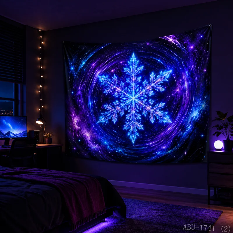 VIKAMA Neon Blue Purple Galaxy Vortex Snowflake Starry Cosmic Ring Black Glow Gaming Christmas Tapestry Wall Hanging Bedroom
