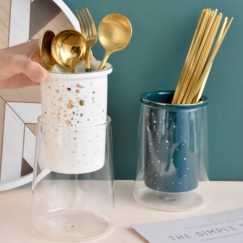 

Glass Ceramic Chopsticks Holder Double Drain Rack Chopstick Bucket Kit