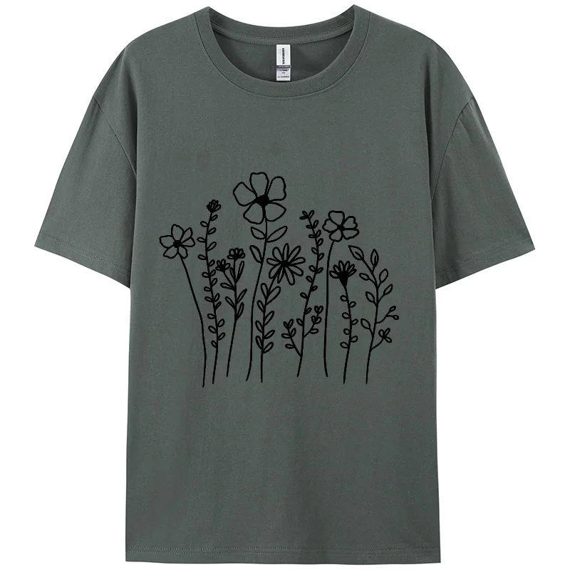 Hand Painted Flower Stick Figure Print Women's Cotton T-Shirt Oversized Crew Neck Short Sleeve Casual High Quality Top Rest 2024