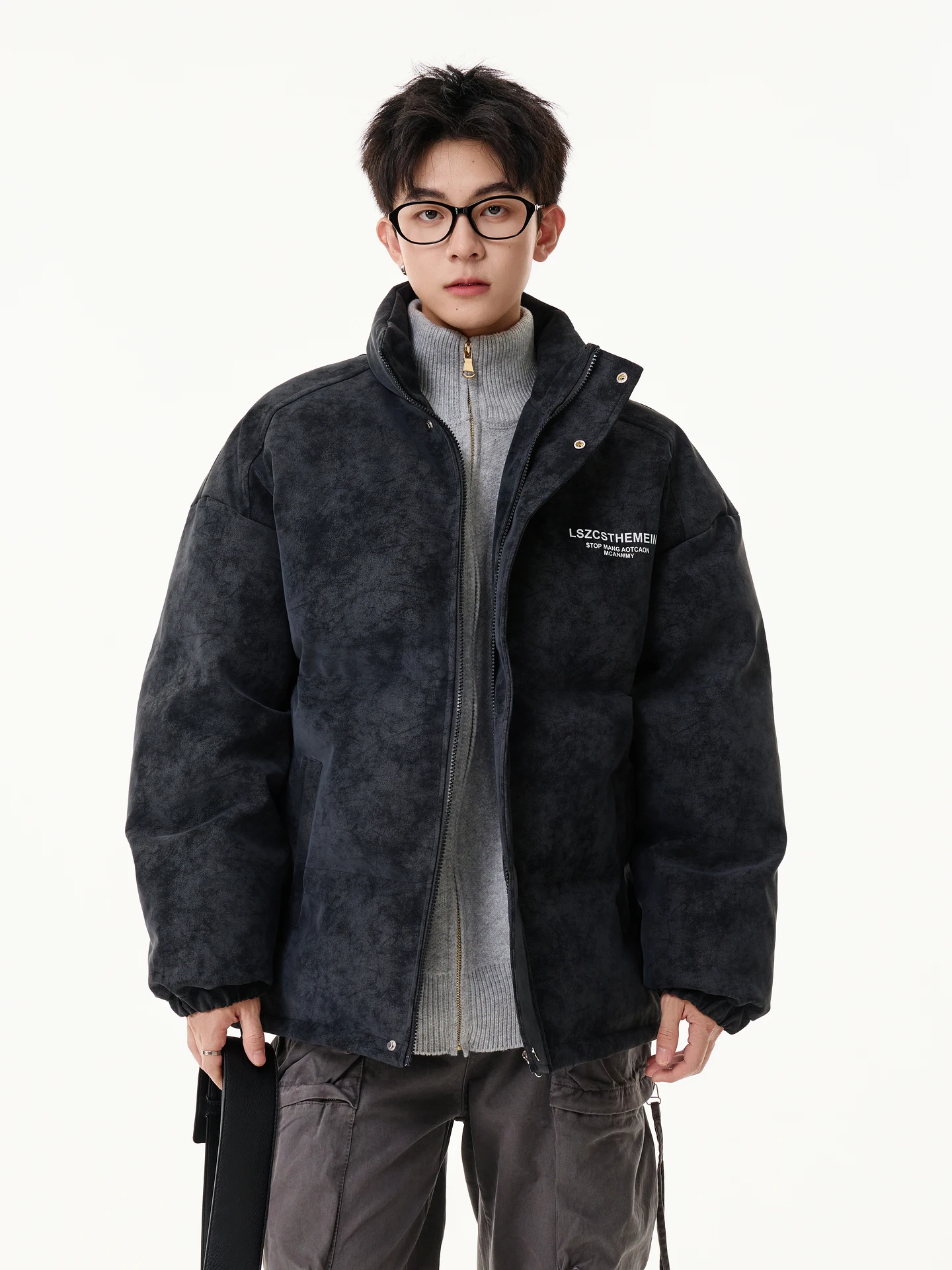 Winter American Style Thickened Stand Collar Windproof Casual White Cotton Jacket Men's Black Warm Versatile Cotton Coat