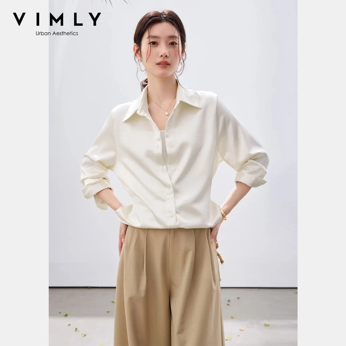 

VIMLY Women's White Blouse 2026 Spring New Fashion Minimalist Satin Lace Trim Tie Waist Elegant Casual lightweight Shirt 30722
