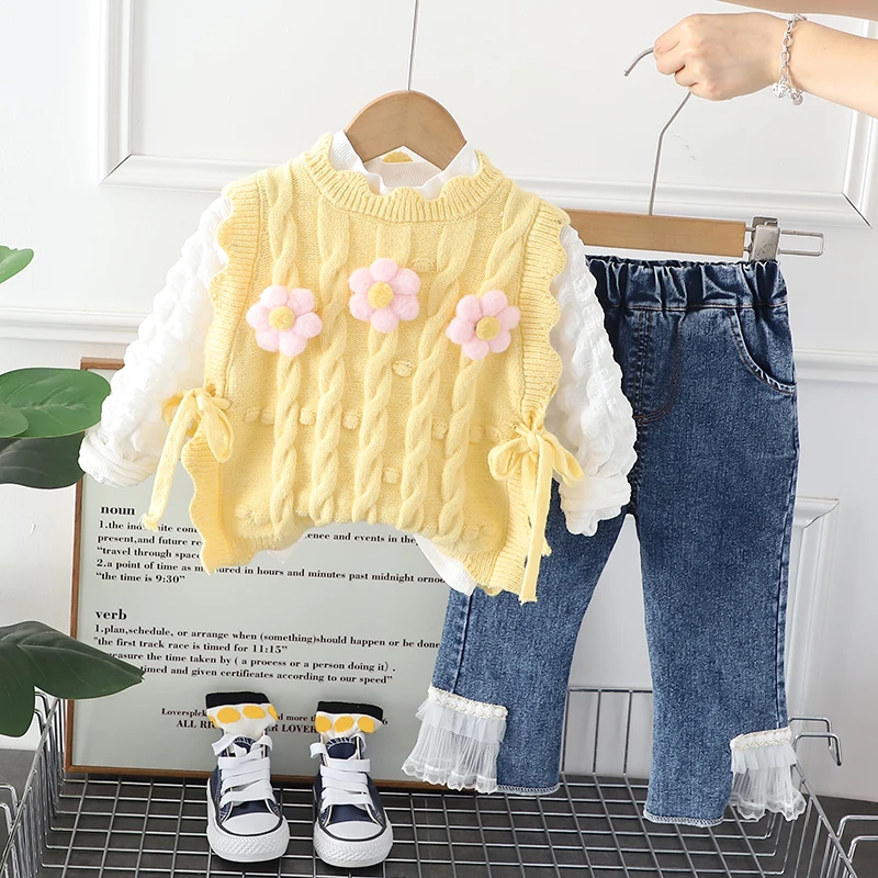 Baby Girls Clothing Sets Autumn Children Knitted Vest T Shirt Lace Jeans Floral Princess Clothes Infant Outfits Kids Tracksuit