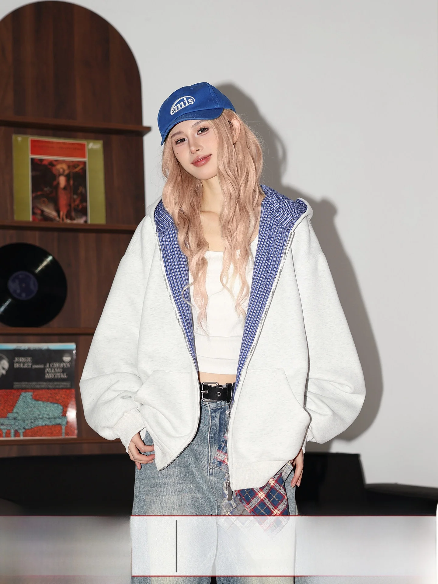 

American Sle Loose Fit Plaid Hooded Open Cardigan Women's Spring Autumn Jaet Small Size Casual Wear Cotton Polyester Blend