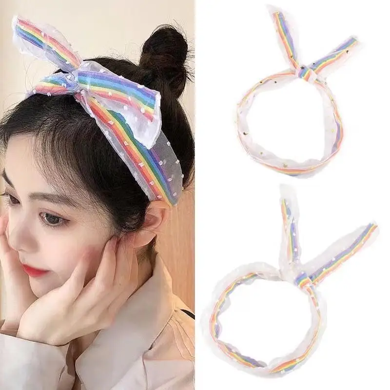 Ins Summer Rainbow Color Bandanas Organza Headband Women Knotted Wire Yarn Headwear Girl Wash Elastic Hair Band Hair Accessories