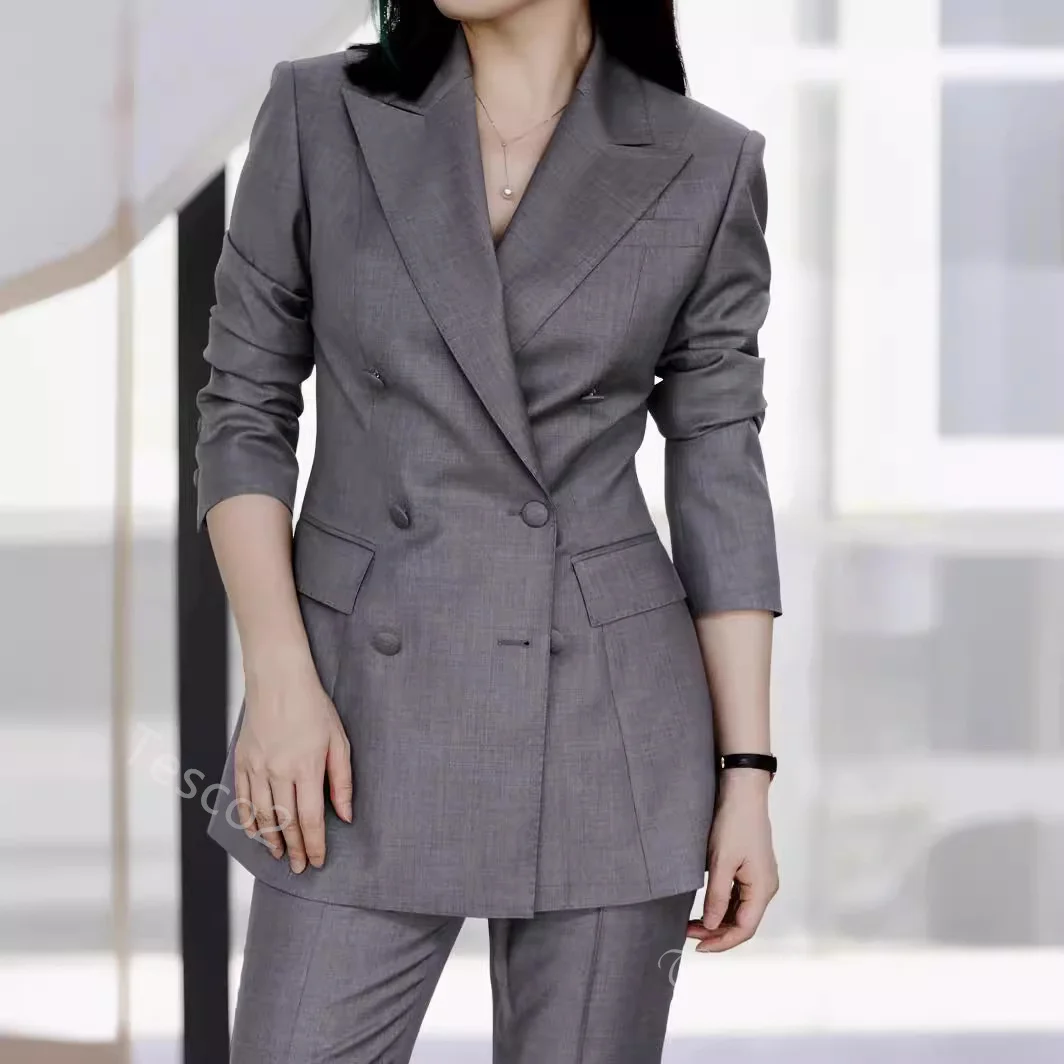 Tesco Business Casual Women's Suit Double Breasted Blazer And Pants Slim Fit Chic Pantsuit Grey Ceremony Outfits for Women 2 PCS