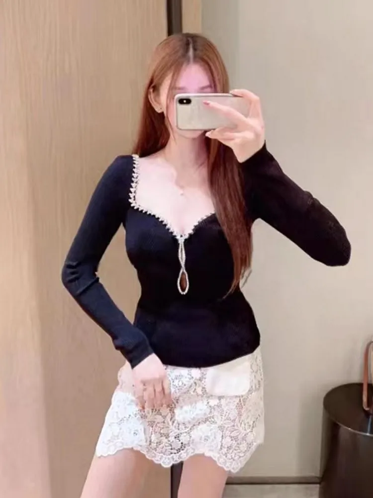 Sexy Women Diamonds Low Cut Knitted Tops Slim Fit Hollow Out Knitwear Long Sleeve Backless Office Ladies Spring Autumn T-Shirt