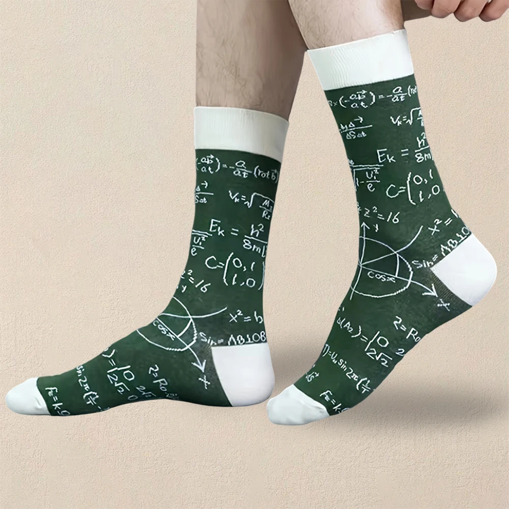 1 Pair Men Mathematical Letter Pattern Round Neck Socks Casual Fashionable Creative Breathable Comfortable Mid Length Socks