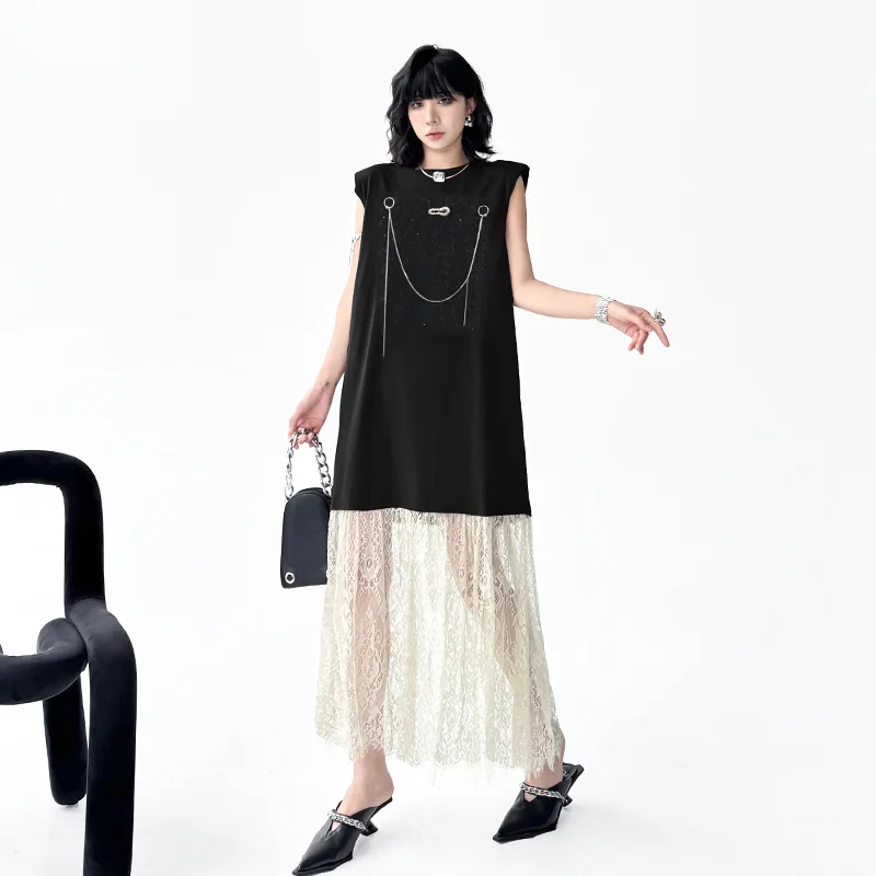 Tannt femmes robe dentelle Patchwork irrégulière couleur correspondant t-shirts robes asymétrie sans manches mode longues robes d'été 2025