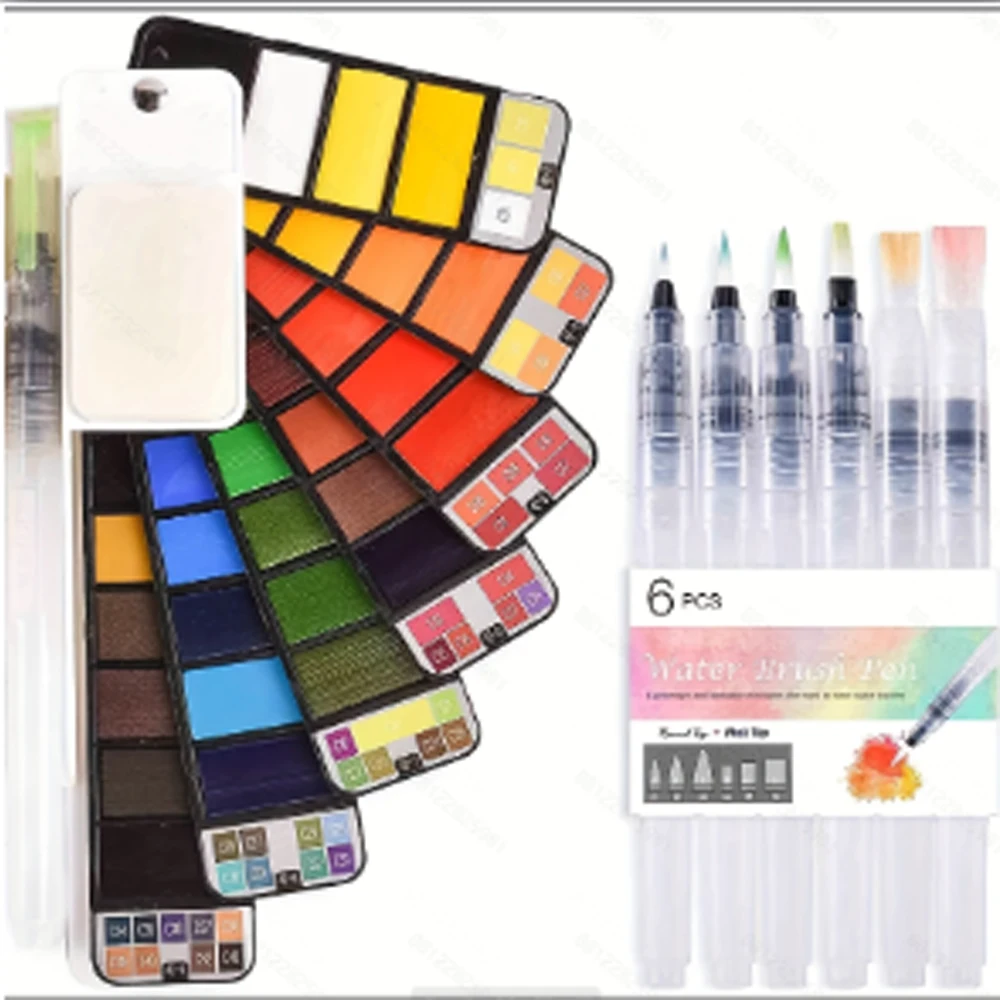 

42-Color Solid Watercolor Paint Set Professional Foldable Watercolor Brushes School Art Supplies