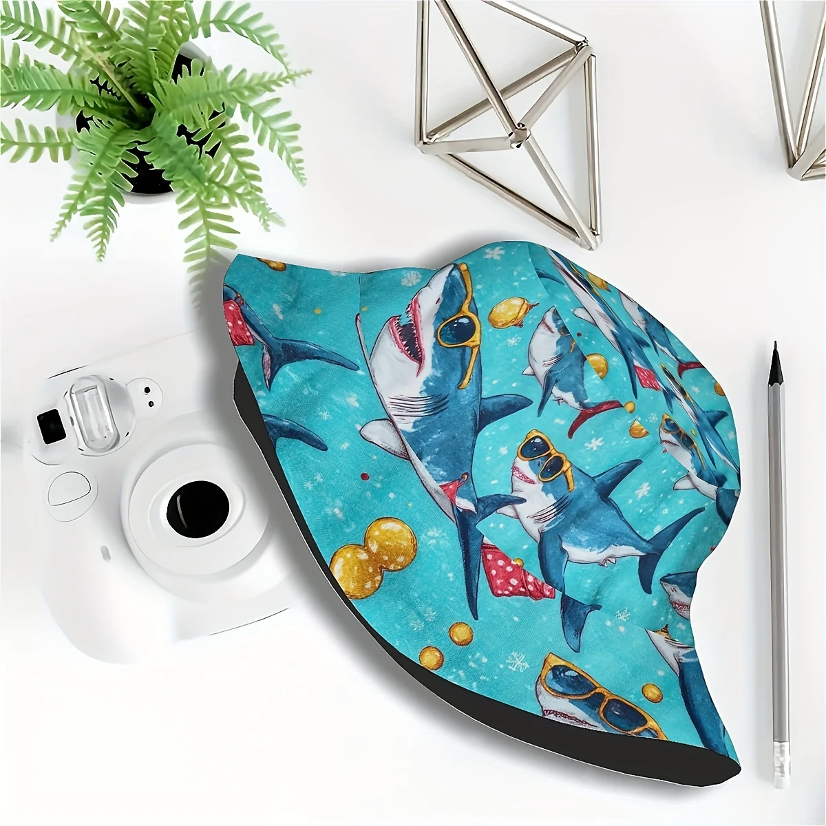 Cool Shark with Fashion Glasses Unisex One-piece Full-print Casual and Fashionable Bucket Hat Suitable for Outdoor Vacation