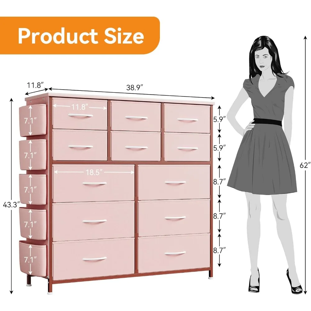 12 Dresser for Bedroom, Chest of Drawers for Bedroom with Side Pockets and Hooks, Fabric Storage Dresser, Sturdy Steel Frame