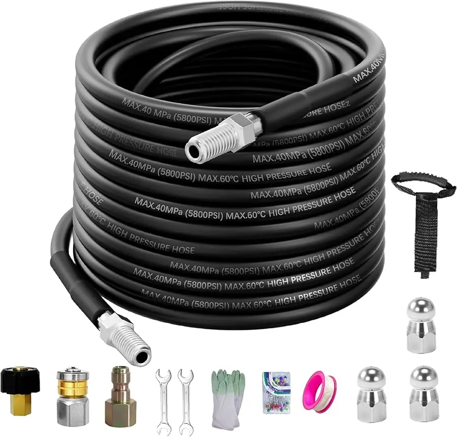 

Комплект канализационных форсунок для мойки высокого давления 100 футов, водоструйный шланг 5800 фунтов на квадратный дюйм с 4 насадками для канализационных форсунок, кукуруза NPT 1/4 дюйма