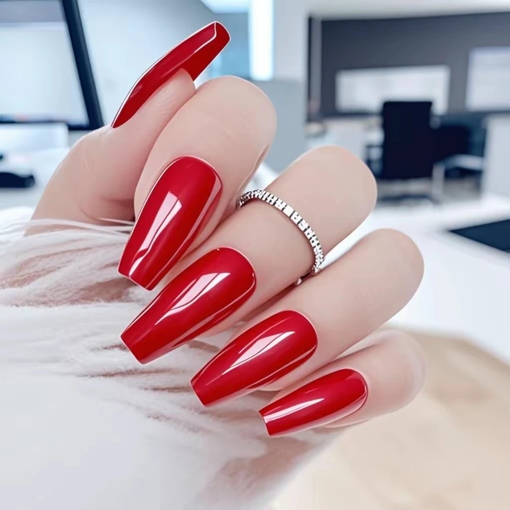

48Pcs Press On Fake Nails With Glue Sticker Shiny Deep Red Long Ballerina Coffin Fingernails Manicure Acrylic False Nails
