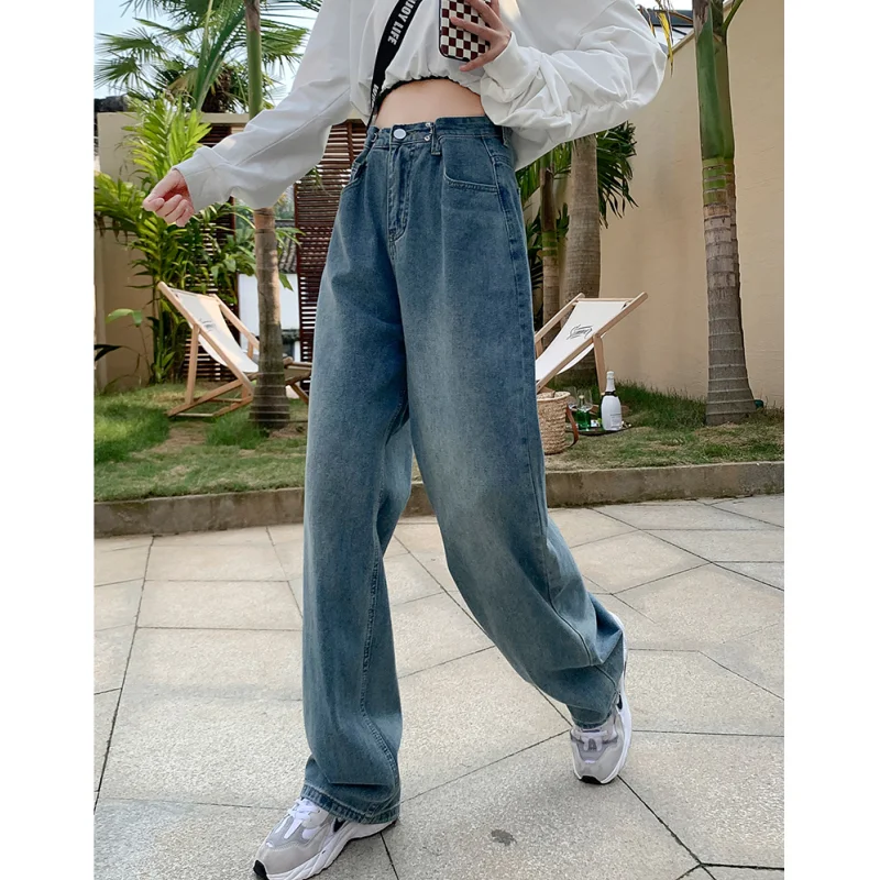

Blue Jeans Women American Wide Leg Pants Loose Fashion Adjustable Waisted Temperament Vintage Female Bottoms Summer Trousers
