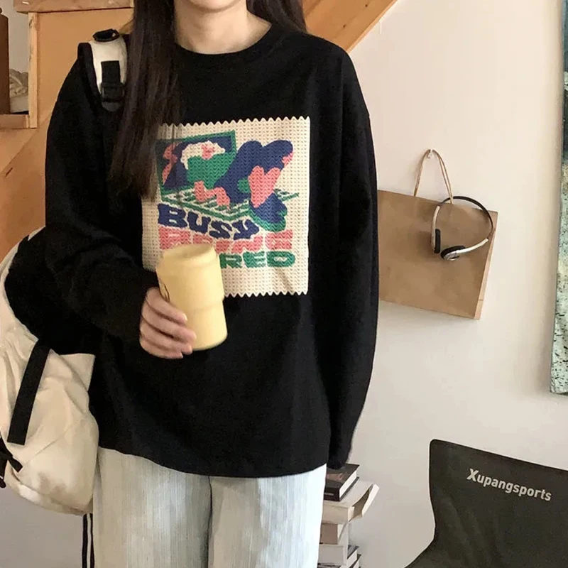 

Футболка женская с длинным рукавом и принтом, универсальная Свободная майка с круглым вырезом, модный трендовый топ в Корейском стиле, весна-лето