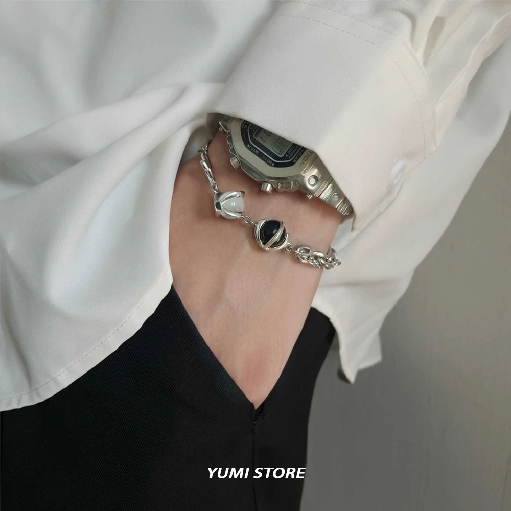 Vintage Two-Tone Stone Bracelet For Men Women New Design Non-Fading Titanium Steel Luxury Couple Jewelry Kpop Gift