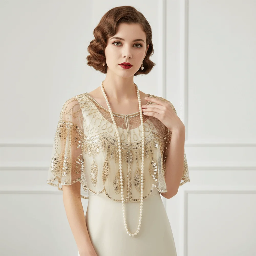 

Ретро-пончо с пайетками в винтажном стиле, короткая накидка с блестящими пайетками и бисером, в стиле 1920-х годов, короткая накидка с пайетками и бахромой