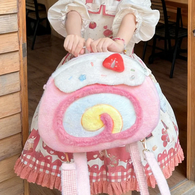 

Cute Swiss Roll Cake Plush Backpack Kawaii Dessert Design Crossbody Bag Large Capacity Lolita Style Fluffy Shoulder Bag Girls