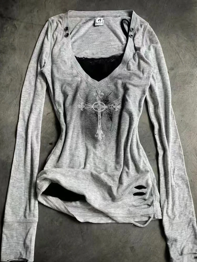 

Винтажный новый дизайн Y2k, тонкие футболки с длинными рукавами, женский эстетический топ с v-образным вырезом в готическом стиле, осенняя горячая одежда Хепберн для девочек