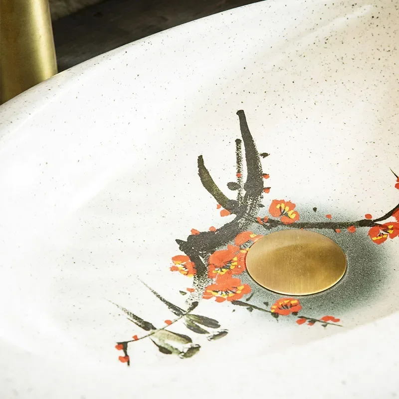 Art plum-blossom stage wash basin, ceramic basin on stage, balcony sink, bathroom hotel outdoor courtyard