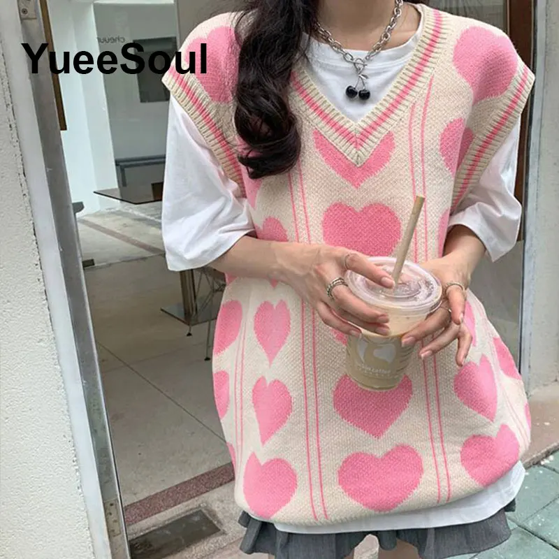 Dolce e carino rosa lavorato a maglia maglione da donna gilet senza maniche maglieria oversize allentata 2025 nuovo Y2K Fairycore gilet in maglia stile coreano