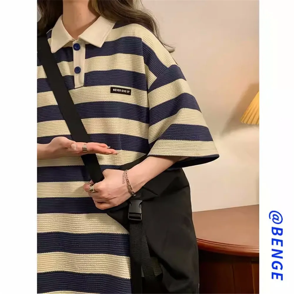 Y2KtrendWomen'S Striped  Neck Half Short Sleeve Casual Commuter Top, Loose Fitting, Spring And Summer Fash