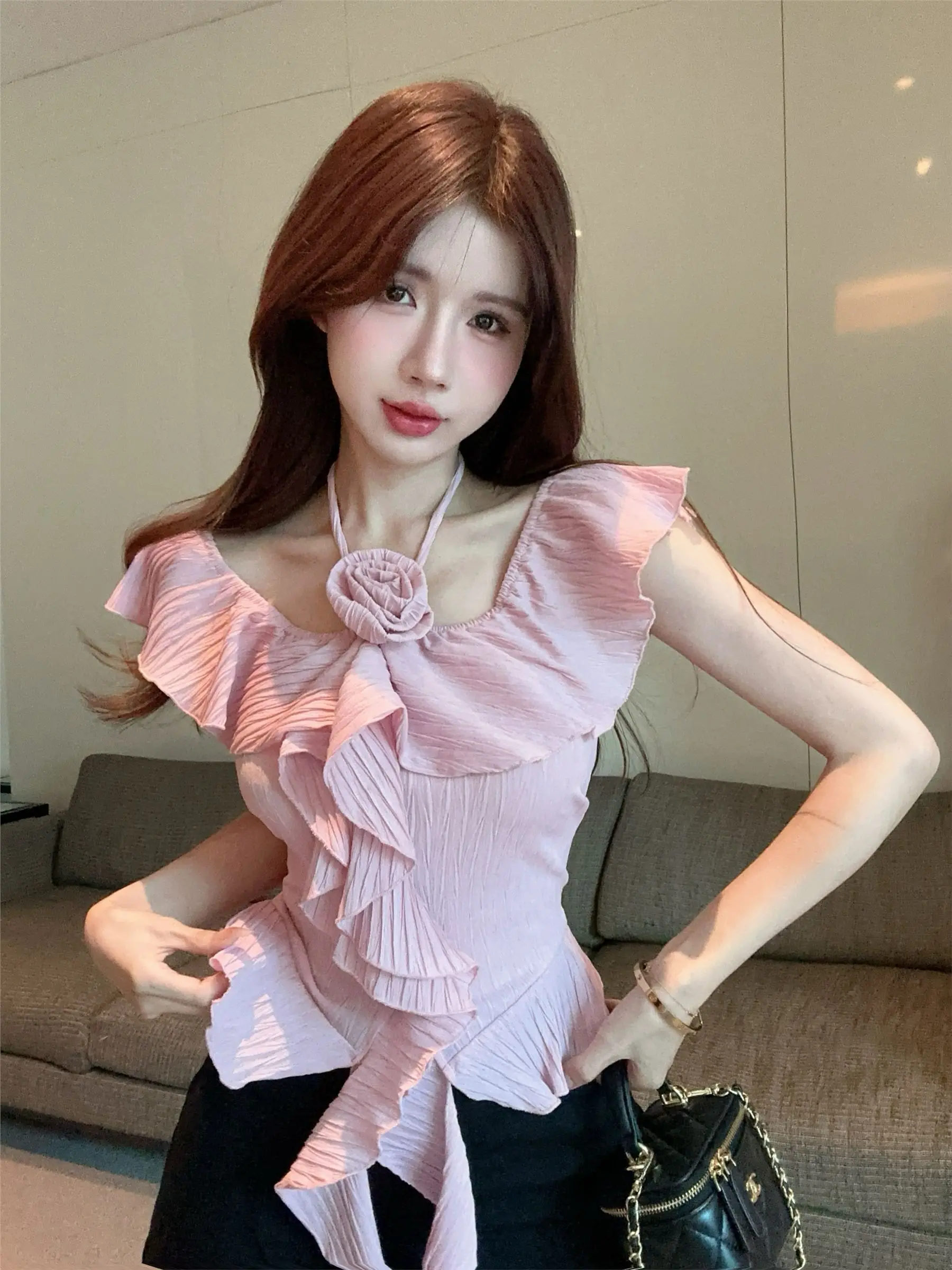 

Korean Fashion New Summer Women Tops Sexy Hot Girls Irregular Flower Halter Neck Off The Shoulder Pink Slim T-shirts Crop Tops