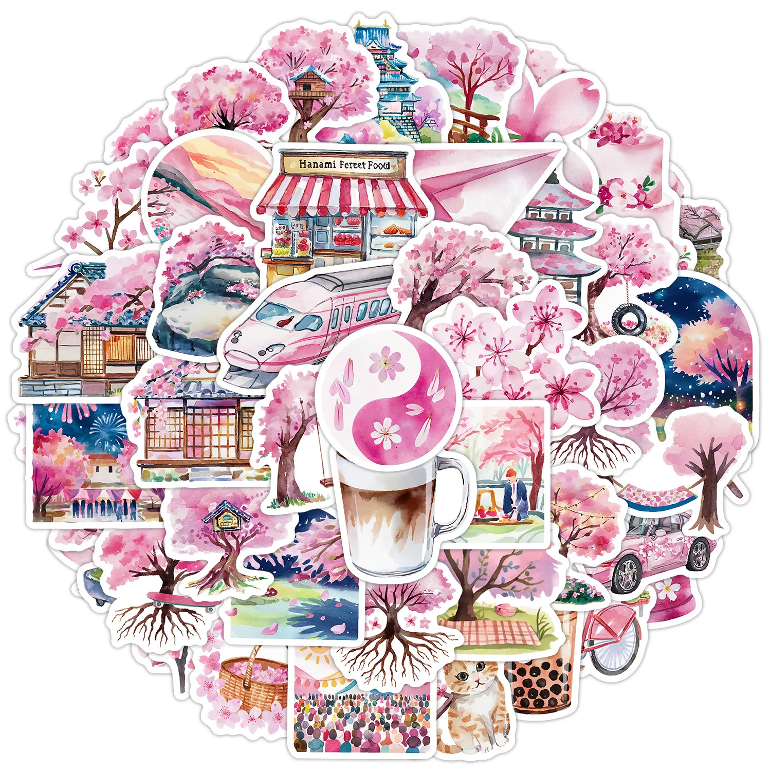 

10/30/50Pcs Pink Cherry Blossom Series Graffiti Decorative Stickers DIY Guitar Phone Water Cup Skateboard Waterproof Stickers