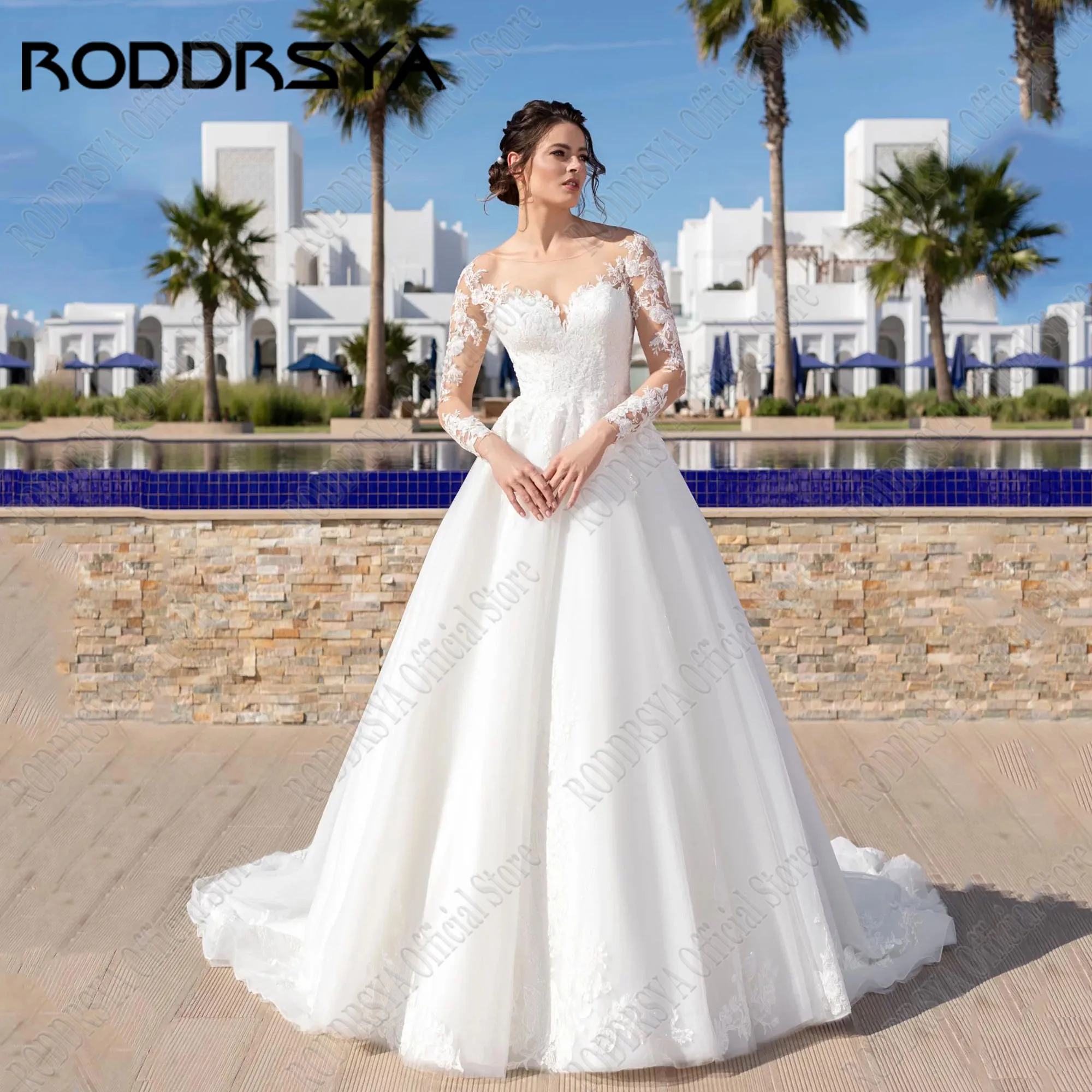 

RODDRSYA Luxury A-Line Wedding Gowns Long Sleeves Lace Up Scoop Neck Applique Backless Tulle Bride Dress Vestidos De Novia