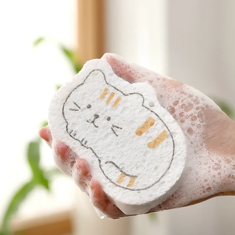 Cute Cartoon Cat Bear Wood Pulp Cotton Sponge Brush Kitchen Cleaning Tools Non-stick Oil Rag Cleaner Household Cleaning Products