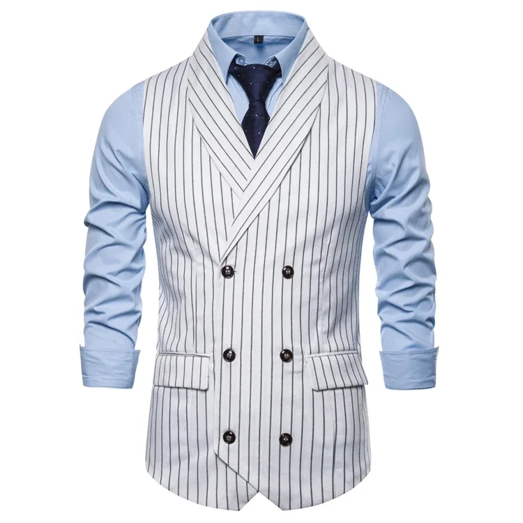 Mens Waistcoat Stripe Plaid Formal Suit Vest Men Fashion Casual Double Breasted Sleeveless Gilet Male Business Formal Dress Vest