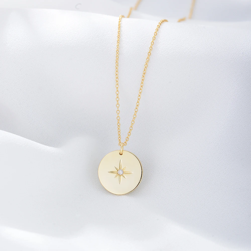 Fulsun INS 925 Silver Jewelry Round Medal Eight-pointed Star Pendant 14K Gold Plated Choker Link Chain Necklaces