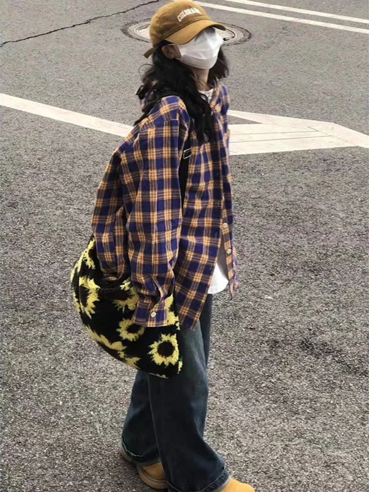 HOUZHOU Women Plaid Hooded Shirts Vintage Y2k Oversized Harajuku Long Sleeve American Style Checked Blouses Casual Streetwear